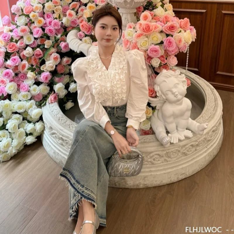Cralom 2024 Autumn Chic White Button Blouse Solid Korea Fashion Tops.