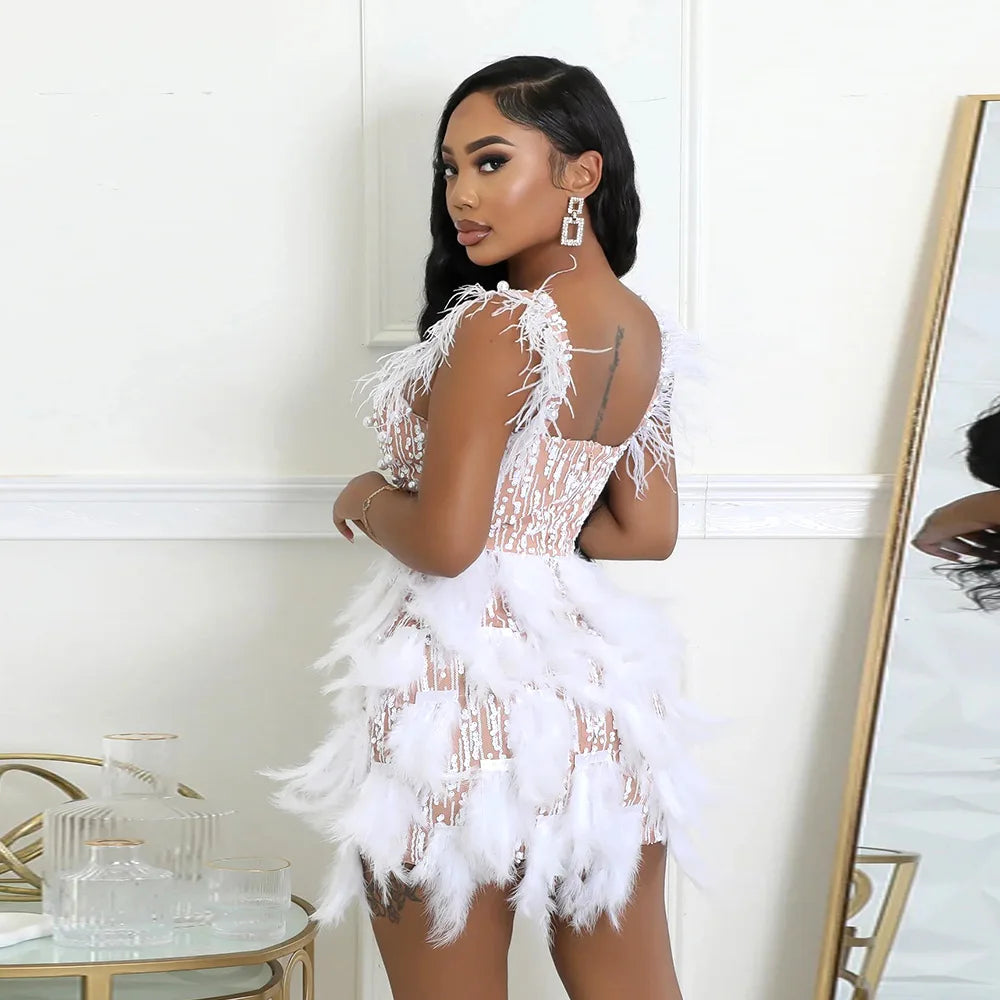 Cralom V-neck Dress with Nail Beads and Feathers