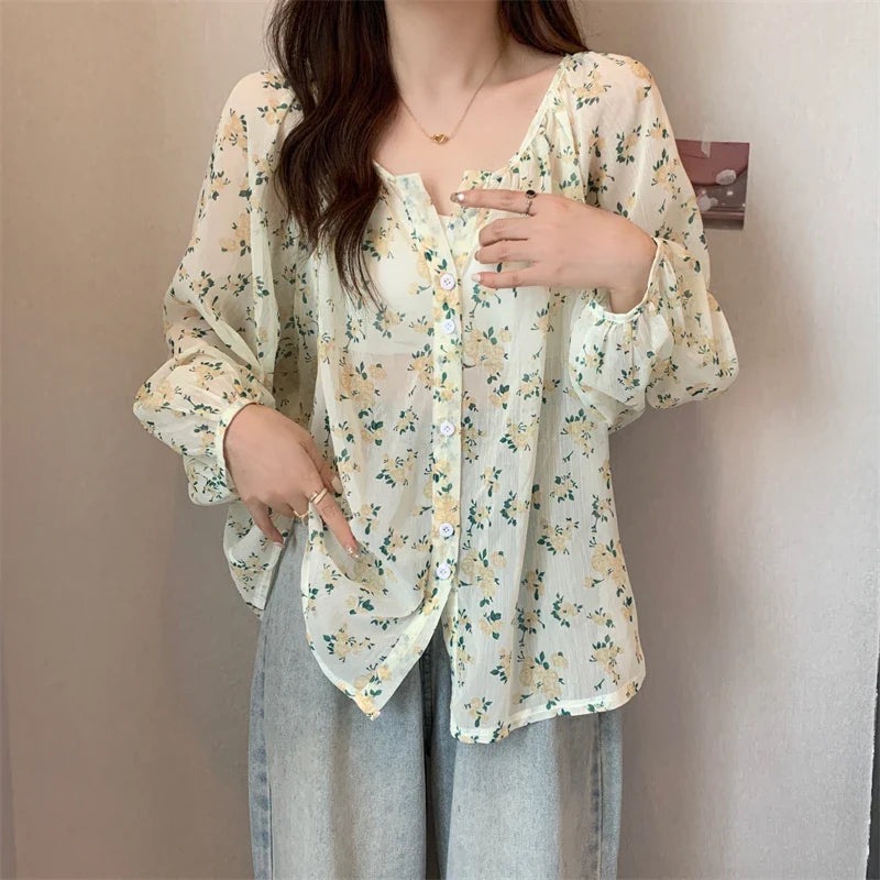 Cralom Vintage Floral Print Sheer Tops & Blouses