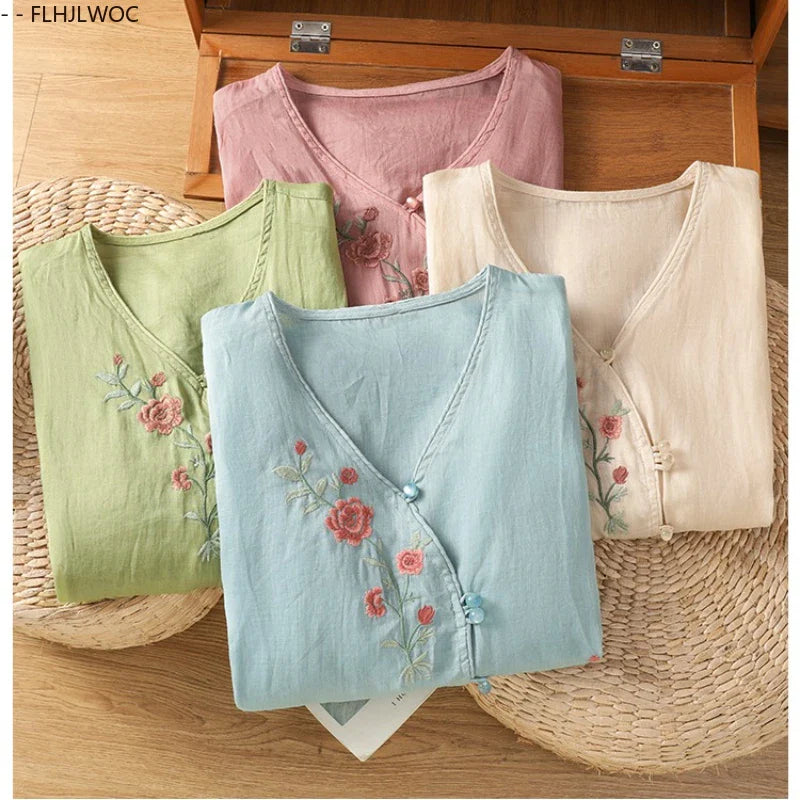 Cralom Floral Print Cotton Linen Blouse.Country Style Rustic Top for Mori Girls