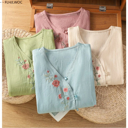 Cralom Floral Print Cotton Linen Blouse.Country Style Rustic Top for Mori Girls