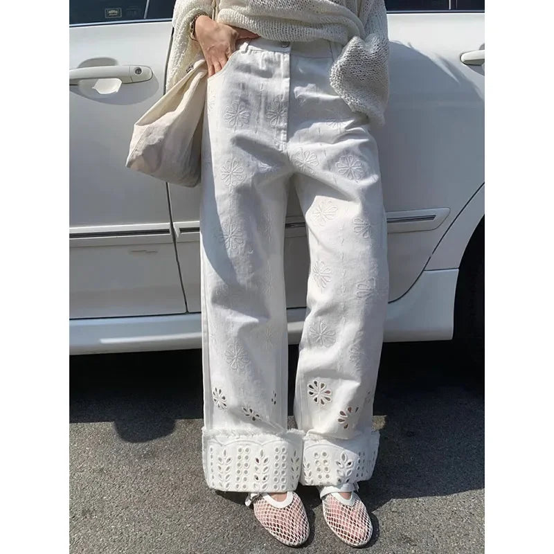 Cralom White Embroidery Hollow Out Wide Leg Jeans