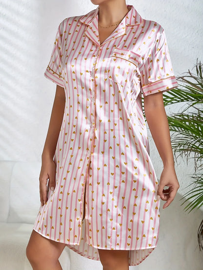 Cralom Satin Stripe Print Nightgown Sleepwear Dress with Button Detail