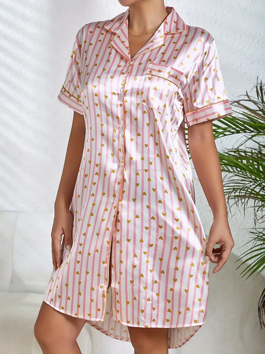 Cralom Satin Stripe Print Nightgown Sleepwear Dress with Button Detail