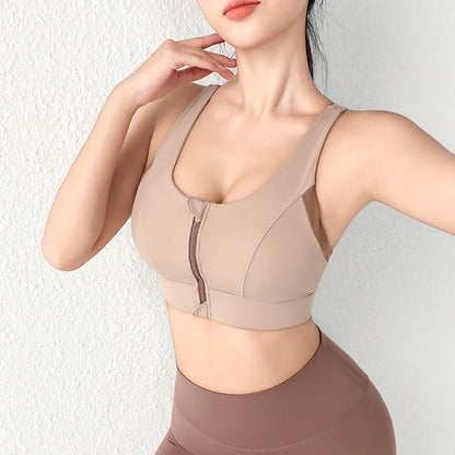 Cralom Front Zip Yoga Bra with Built-in Pads, Racer Back High-impact Support Crop Top