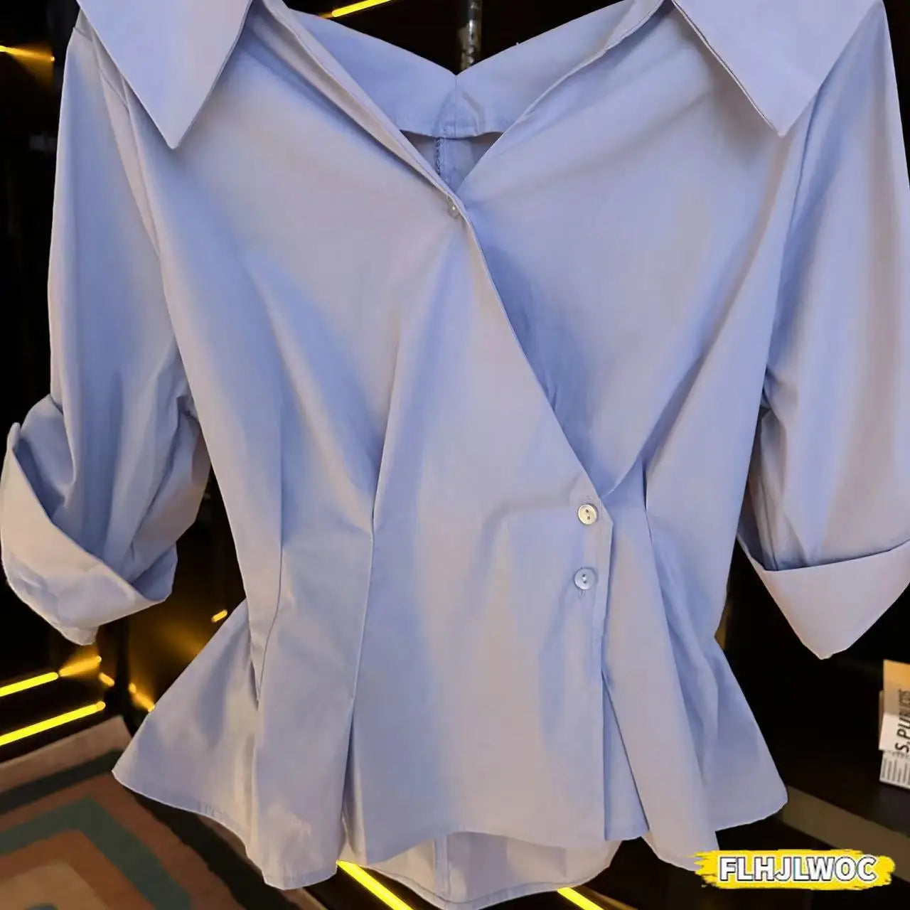 Cralom Blue Cotton Peplum Office Blouse French Style V-Neck Button-Up