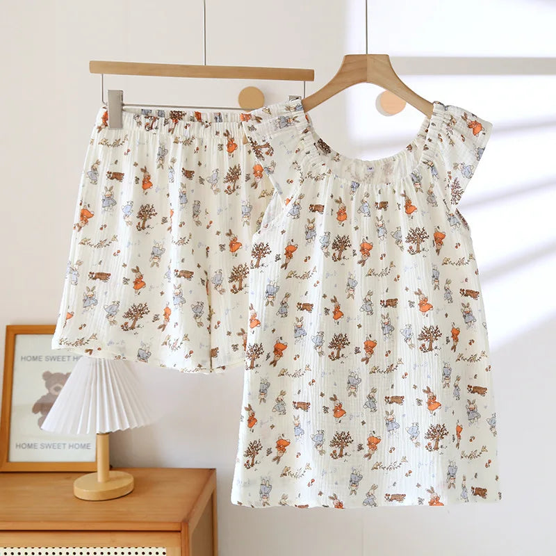 Cralom 100% Cotton Crepe Summer Pajama Set: Vest & Shorts Two Piece Sleepwear