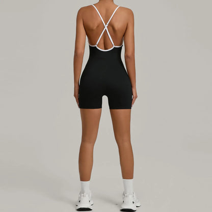 Cralom Color Block Yoga Jumpsuit for Women: Cross Strap, Push-Up, Butt-Lifting Bodysuit