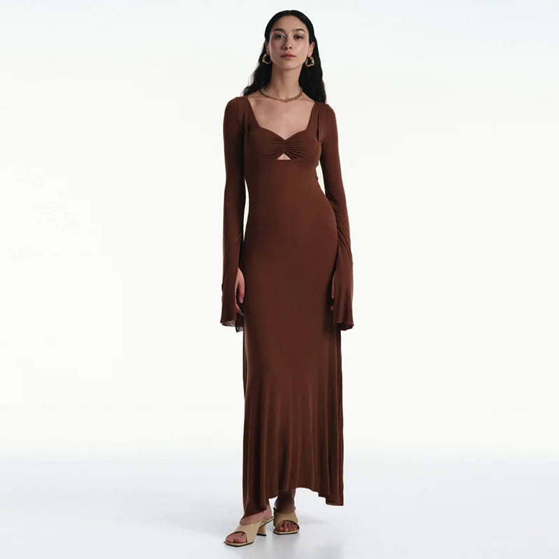 Cralom Women's Long Sleeve U-neck Slimming Dress - 2024 Autumn