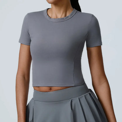 Cralom Yoga High Elastic Fitness Top: Short Sleeve Dance Running Gym Workout Tee