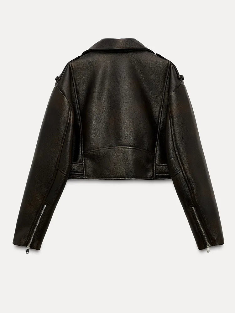 Cralom Retro Faux Leather Jacket with Belt and Zipper