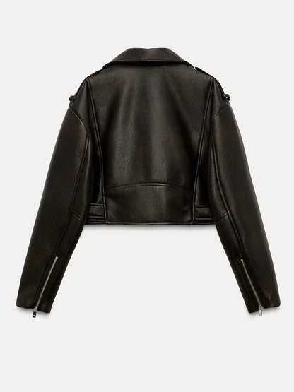 Cralom Retro Faux Leather Jacket with Belt and Zipper