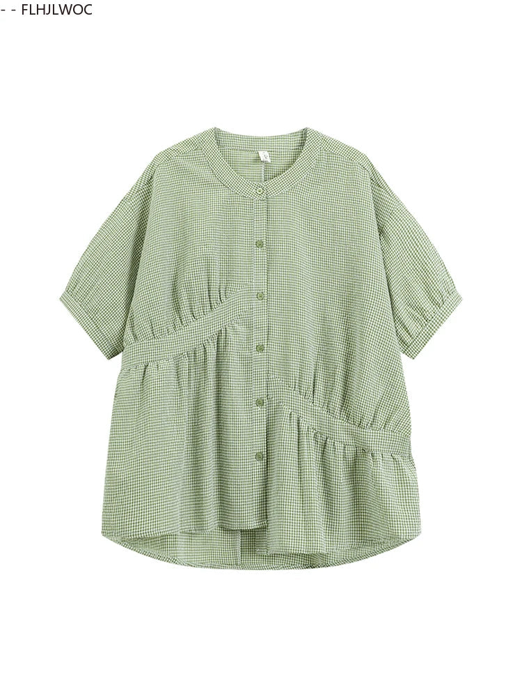 Cralom Retro Vintage Plaid Green Button Blouse Summer Casual Short Sleeve