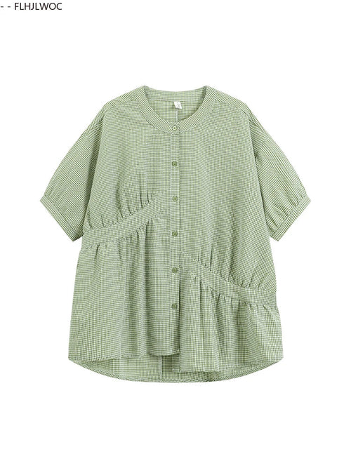 Cralom Retro Vintage Plaid Green Button Blouse Summer Casual Short Sleeve