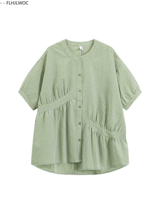 Cralom Retro Vintage Plaid Green Button Blouse Summer Casual Short Sleeve