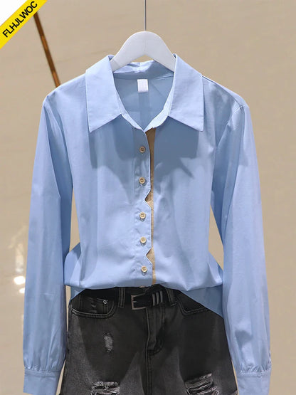 Cralom Retro Vintage Blue Button Cotton Tops Blouses for Chic Office Lady