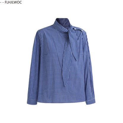 Cralom Preppy Style Blue Plaid Bow Tie Top Long Sleeve Loose Fit Blouse