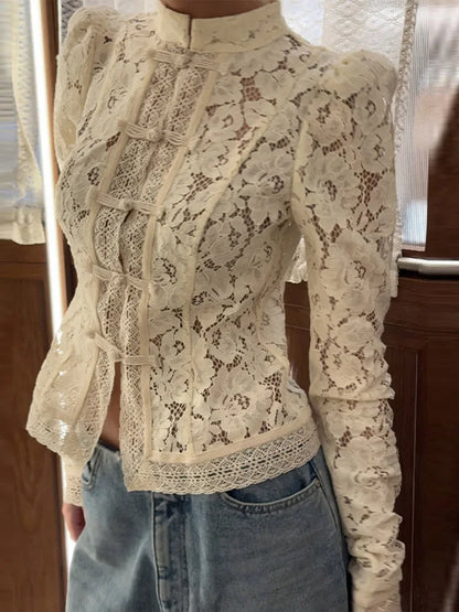Cralom Lace Embroidery Blouse | See-Through Slim Fit Shirt | Vintage Y2K Top