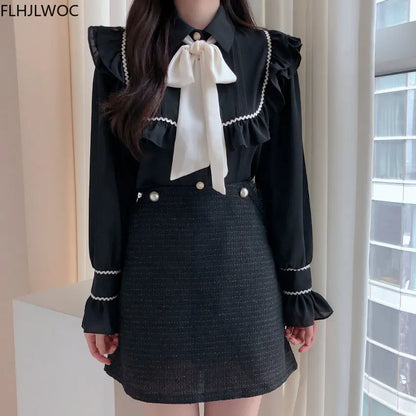 Cralom Retro Ruffles Bow Tie Shirt White