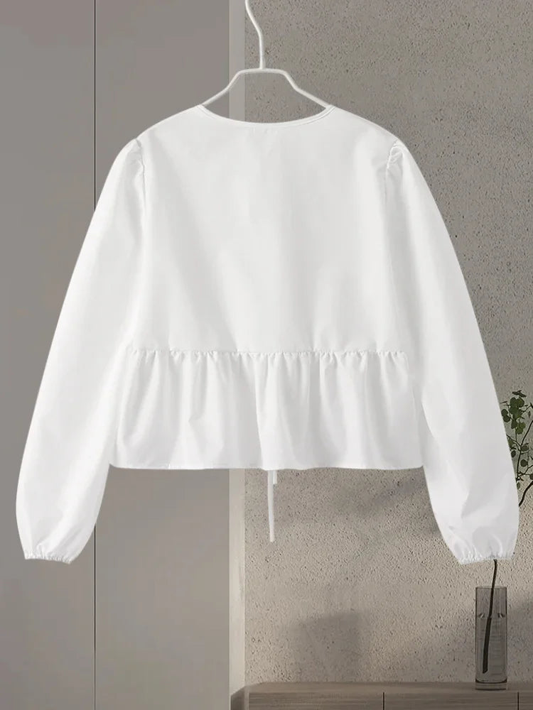 Cralom Lace-Up Long Sleeve Blouse - Elegant Solid Color Office Shirt Top