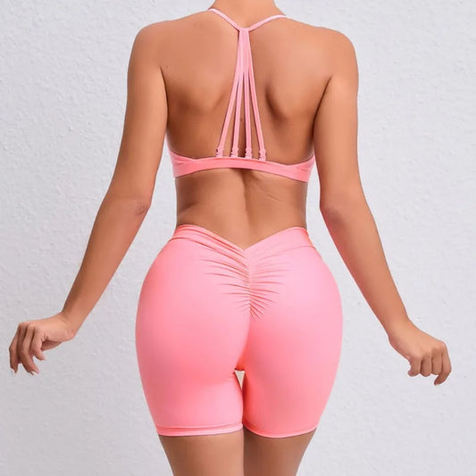 Cralom Seamless Yoga Sets: High Waist Shorts & Backless Leggings for Fitness