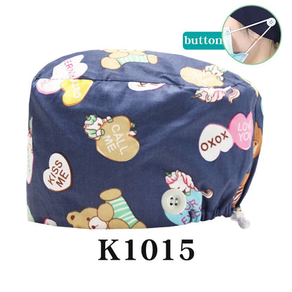 Cralom Bear Print Nurse Cap - Unisex Scrub Hat for Veterinary & Medical Use