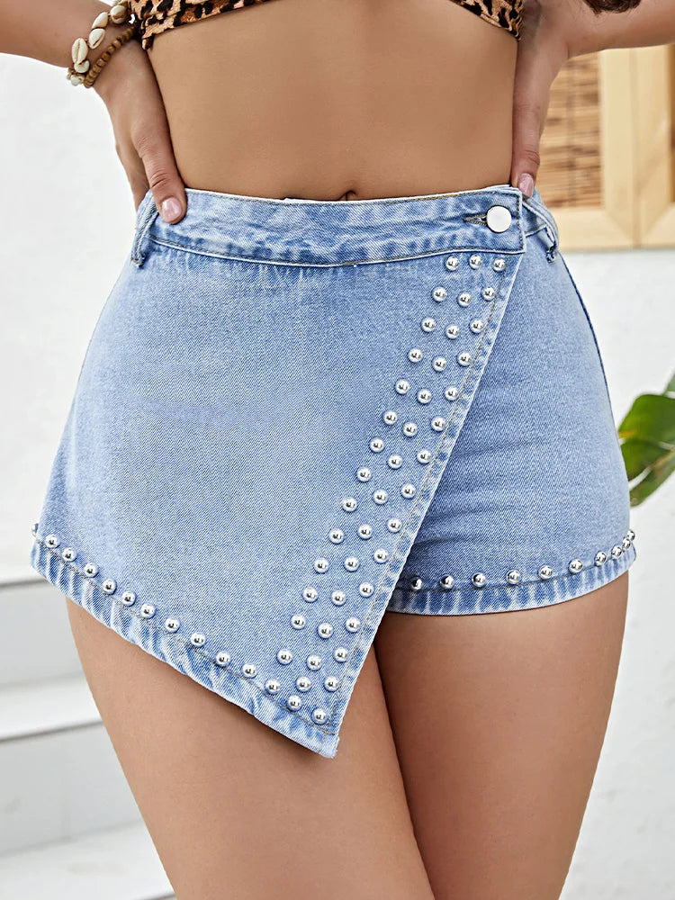 Cralom Sexy Hottie Rivet Denim Shorts High Waist Slim Jeans