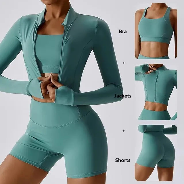 Cralom 3Pcs Yoga Set for Women: Workout Suit, Quick-Drying Material, Gym Jackets