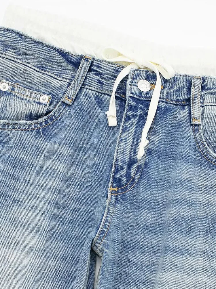 Cralom Vintage Hottie Spliced 9 Points Jeans - Y2K Style Slim Straight Jeans