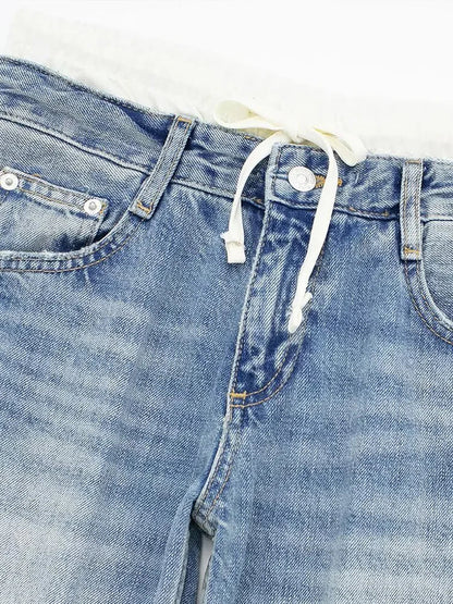 Cralom Vintage Hottie Spliced 9 Points Jeans - Y2K Style Slim Straight Jeans