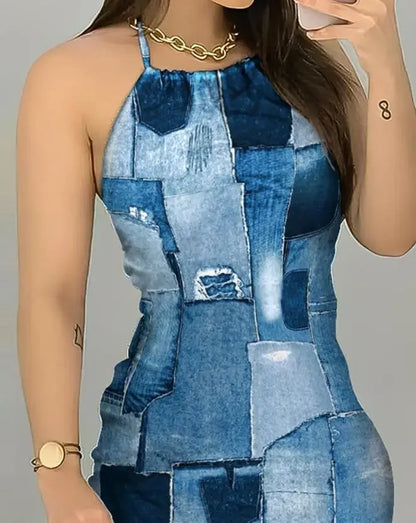 Cralom Halter Denim Print Summer Dress - Backless Sleeveless Daily Mini