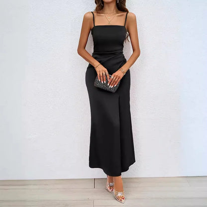 Cralom Square Neck Bareback Strap Split Dress