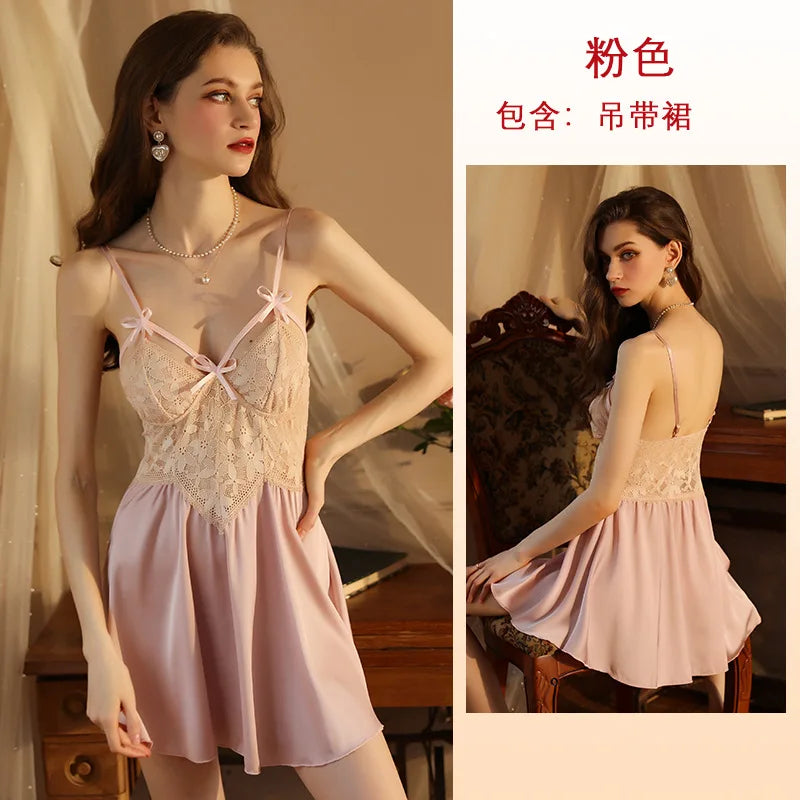 Cralom V Lace Backless Satin Nightgown Suspender Pajamas,Loungewear Chic Nightdress