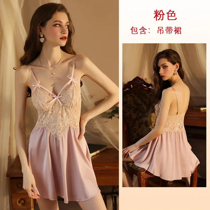 Cralom V Lace Backless Satin Nightgown Suspender Pajamas,Loungewear Chic Nightdress