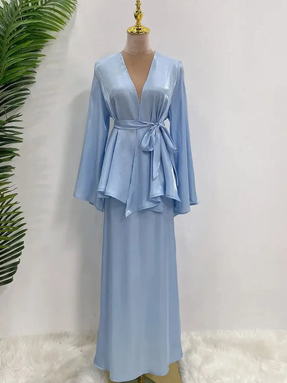 Cralom Cralom Ramadan Satin Abaya Modest Dress Set Women's Kaftan