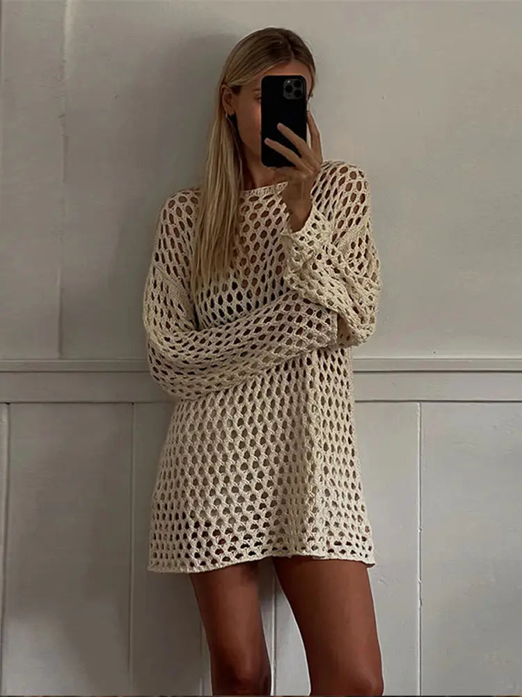 Cralom Knit Hollow Out Mini Dress Women's Beach Holiday Pullover