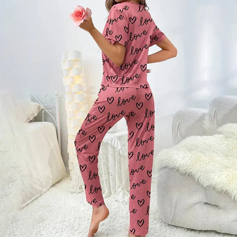 Cralom Dark Pink Letter Printed Pyjamas Set with Eye Mask