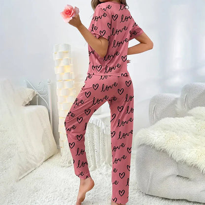 Cralom Dark Pink Letter Printed Pyjamas Set with Eye Mask