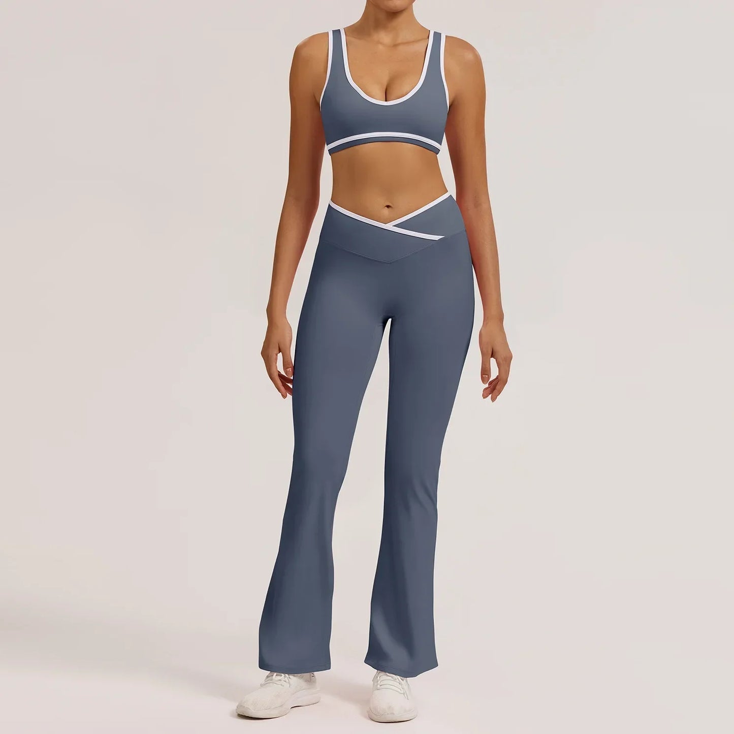 Cralom Seamless Yoga Set: Cross Waistband Pants & Nude Feel Sports Bra for Gym