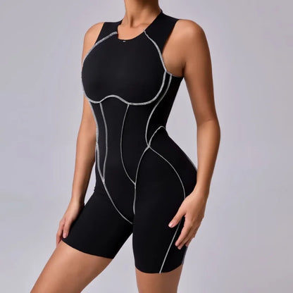 Cralom Sleeveless Yoga Jumpsuit: Color-Block Tight Bodysuit for Gym & Fitness