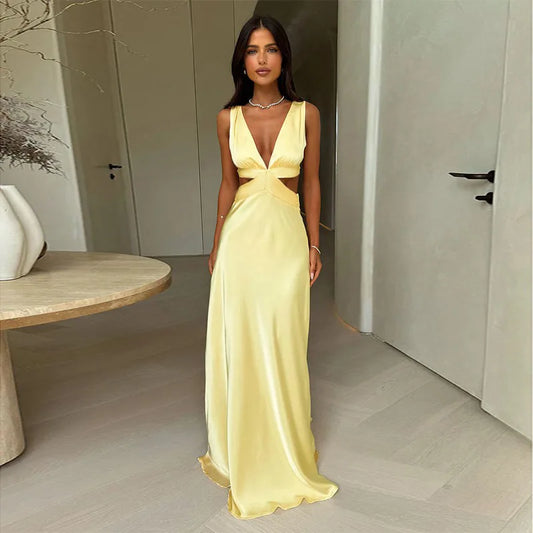 Cralom Sexy Deep V Neck Hanging Neck Vest Slit Dress for Women