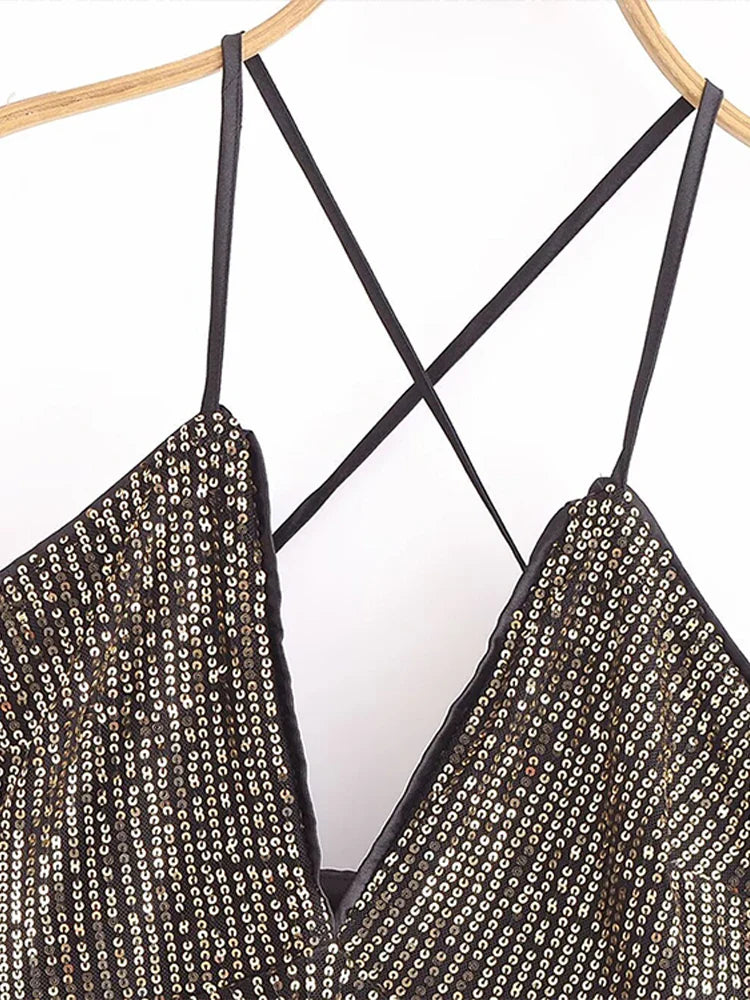 Cralom Sequins Patchwork Mesh Camisole: Sexy V-Neck Backless Top