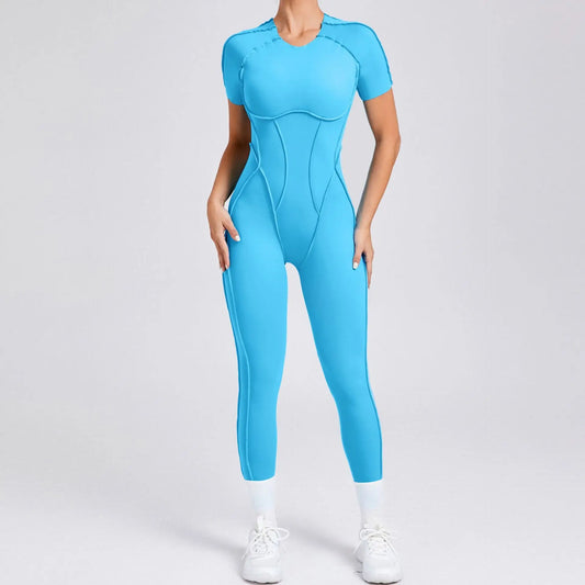 Cralom Backless Short Sleeve Jumpsuit for Women - Running, Yoga, Sports Suit