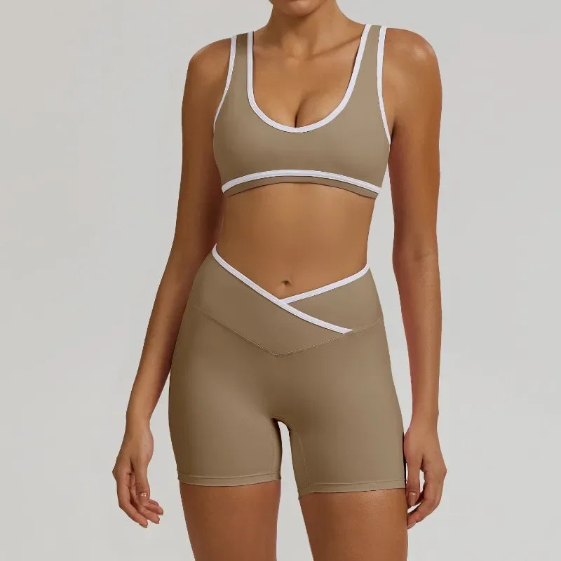 Cralom Seamless Yoga Set: Cross Waistband Butt Lifting Shorts & Sports Bra