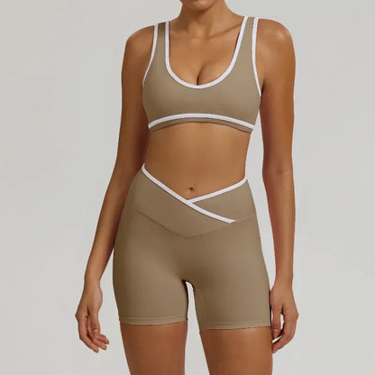 Cralom Seamless Yoga Set: Cross Waistband Butt Lifting Shorts & Sports Bra