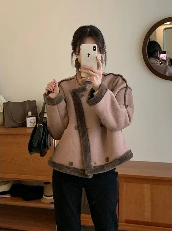 Cralom Biker Fleece Jacket - Black Wool Coat with Faux Fur - Warm Winter Clothing