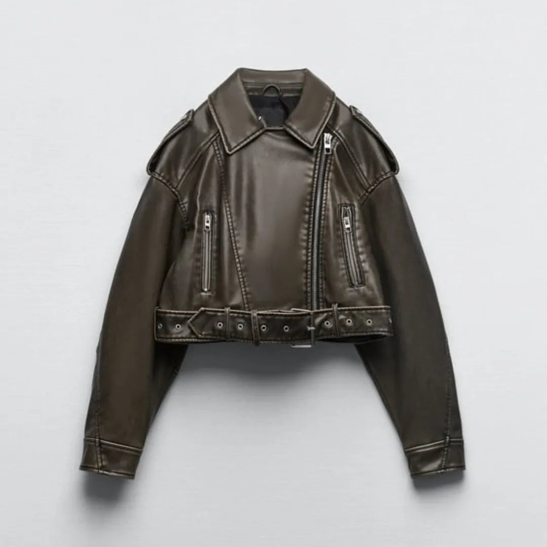 Cralom Retro Zipper Belt Motorcycle Jacket - 2023 Spring Chic Slim Fit Top