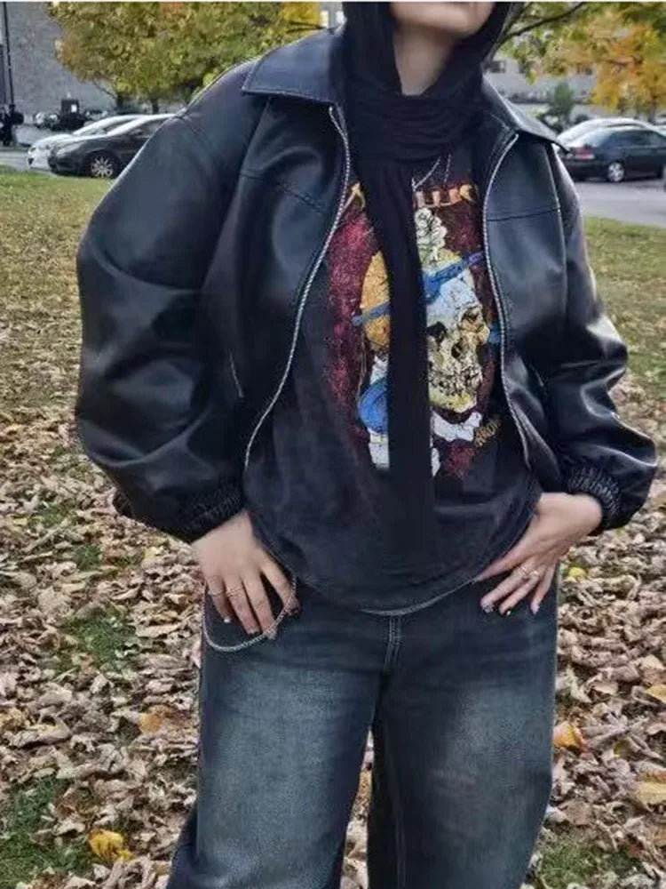 Cralom Retro Loose Faux Leather Jacket - Women's Moto Zip Coat