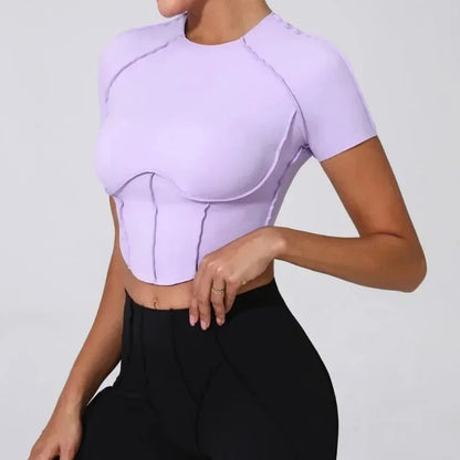 Cralom Seamless Yoga Short Sleeve Top for Running Workout - No Padding