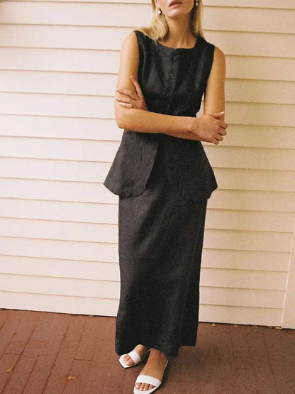 Cralom Sleeveless Vest & High Waisted Skirt Set for Office Ladies